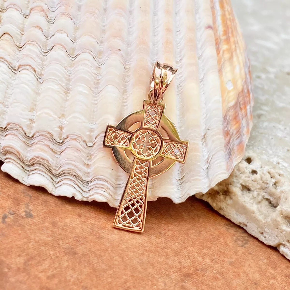 14KT Rose Gold Small Polished Irish Scottish Celtic Cross Pendant