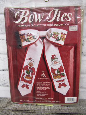 JCA New Unopened 08109 Vtg Bow Ties Cross Stitch Door Decoration Mr & Mrs Claus