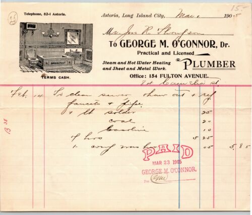 1905 Astoria LIC, NY Letterhead George M. O'Connor Plumber Steam & Hot Water