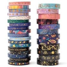 YUBX Skinny Galaxy Washi Tape Set 30 Rolls Gold Foil Decorative Masking Tapes