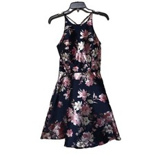 Formal Homecoming Cocktail Prom Dress Navy Floral Halter Open Sides Size 9
