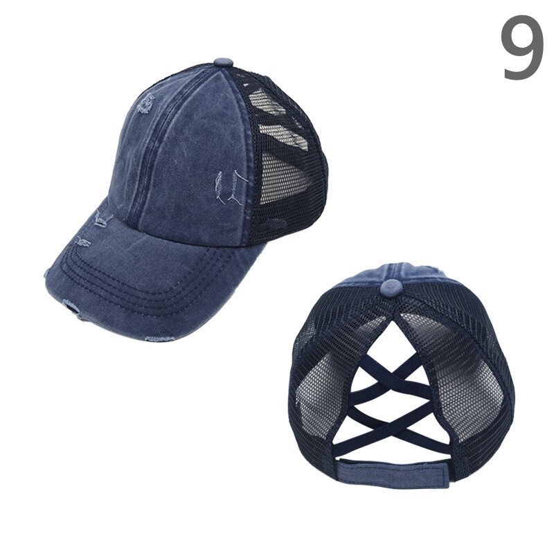 APL Cappello donna uomo cappello baseball coda di cavallo denim rete patchwork sfrangiato