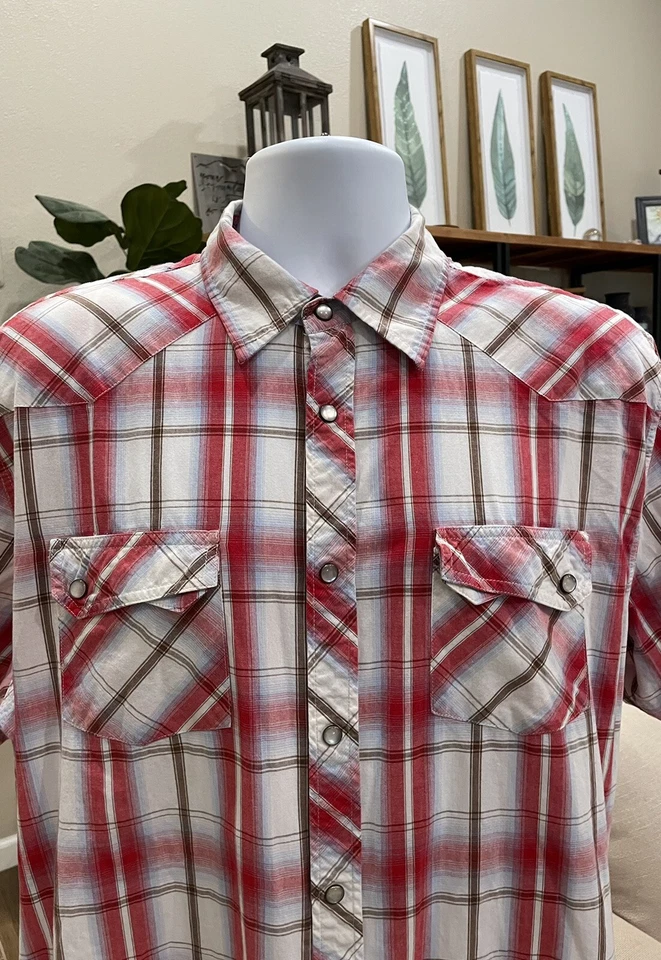 Camisa a Presión Elixir Para Hombres Con Botones Perla Talla XL, Rojo Blanco A Cuadros, 100% Algodón Foto 2 de 4