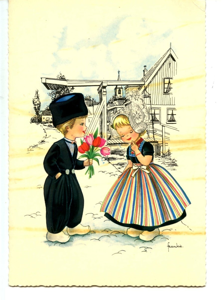 Dutch Boy Gives Tulip Flower Bouquet to Shy Girl-frankie Artist