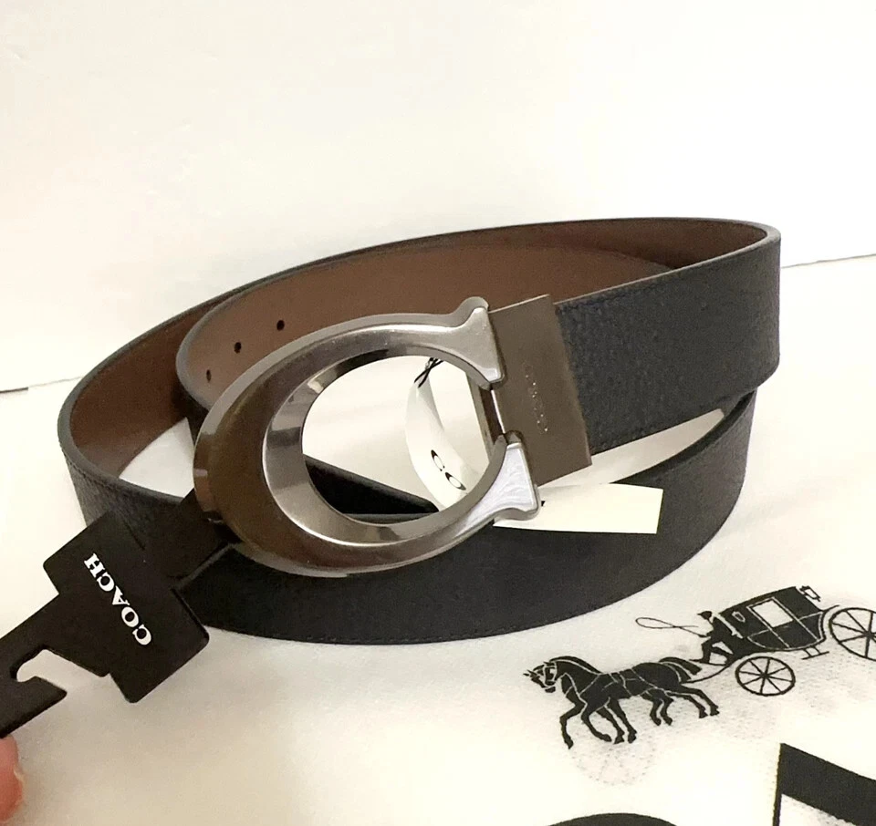 Cintura reversibile nuova con etichette Coach con firma scolpita tagliata su misura 38 mm