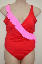 M S Secret Slimming Red Pink Ruffle Plunge Swimsuit Sz UK 22 regular