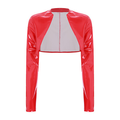 DE Damen Glossy PU Cardigan Cropped Jacket Offene Front Langarm Party Disco Kurz