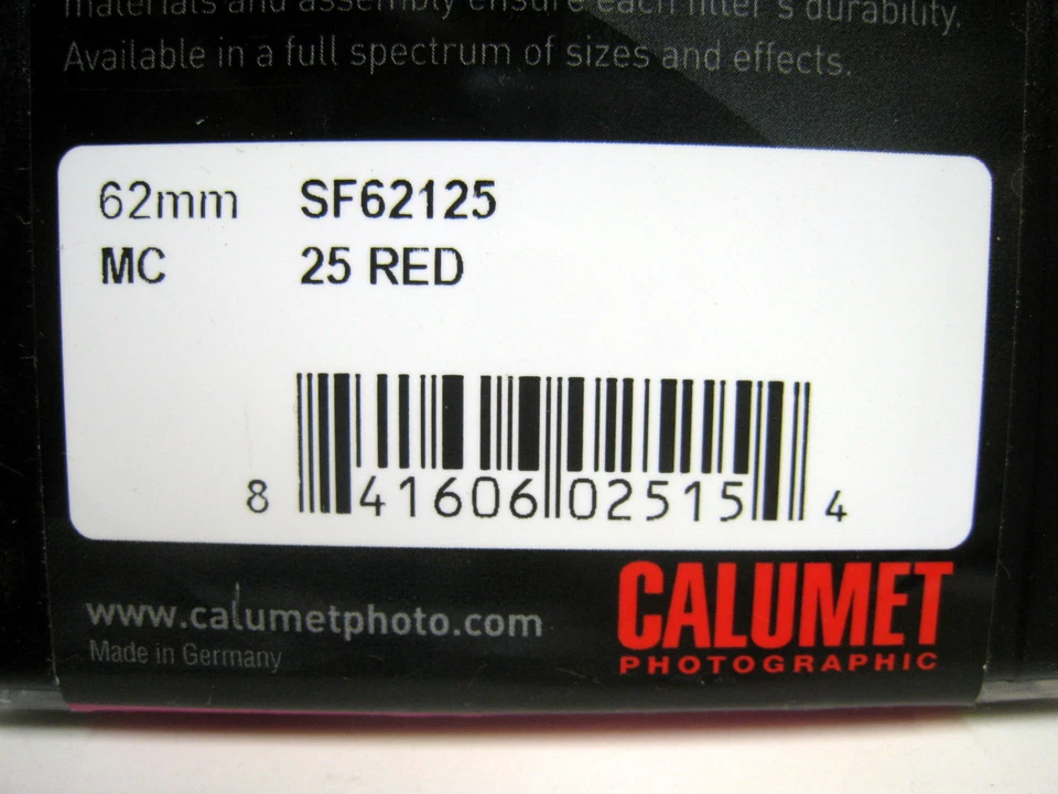 New Calumet 62mm 25 Red Multi-Coated Glass Filter # SF62125 - Image 2 of 3