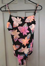 Vintage 90s Neon Tropical Floral Multicolor One Piece Swimsuit Size 14