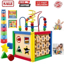 Wooden Activity Cube for Baby - 6 in-1 Baby Activity Play Cube with Bead Maze...