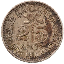 1910 CEYLON KING EDWARD VII 25 CENTS SILVER COIN