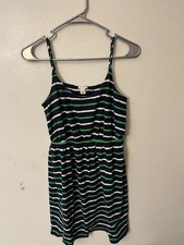 J Crew Women's Size M CamiDress Linen Blend Spaghetti Strap Blue Green White