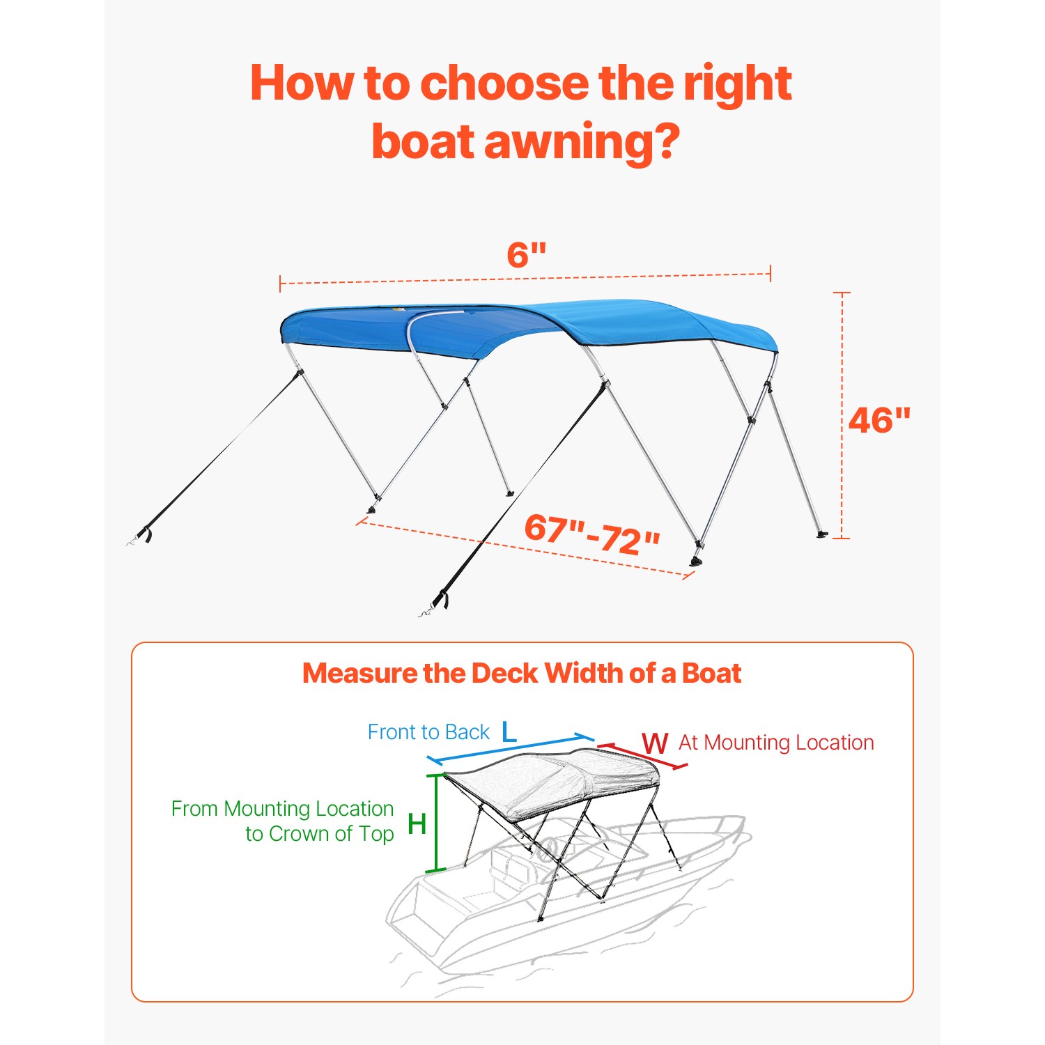 3 Bow Bimini Top Boat Cover 6ft Long 46"H×67"-72"W Awning Canopy UV protection