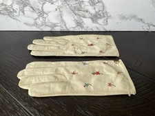 Vintage Antique Lavable Ladies Girls Leather Gloves Embroidered Flowers Read