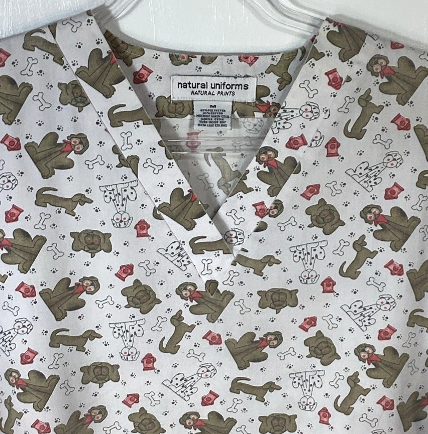 Scrub Top womens size M Medium Dogs Hydrants Bones Vet Tech Groomer dalmatian - Image 2 of 3