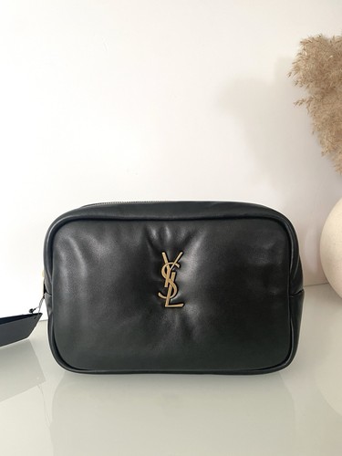 YSL SAINT LAURENT Black Leather Toiletry Bag Pouch New & Authentic