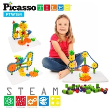 Picasso Tiles Interlocking Wheel And Gear Set STEM Building Block Set 184 Pieces