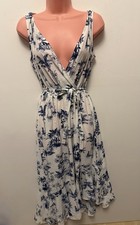 George Women’s White Navy Blue Toile Print Wrap Dress Tie Waist UK 10 EU 38