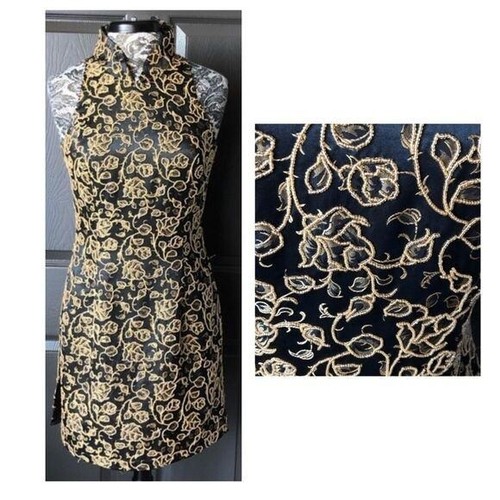 Carmen Marc Valvo Beaded Halter Dress Black Gold Size 4 - 第 2/12 張圖片
