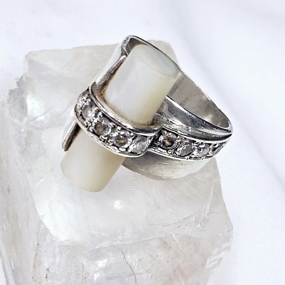 Bague De Style Art Déco Tank Argent 925 Nacre Zircons  Taille 54 Poinçon 925 - Photo 3/4