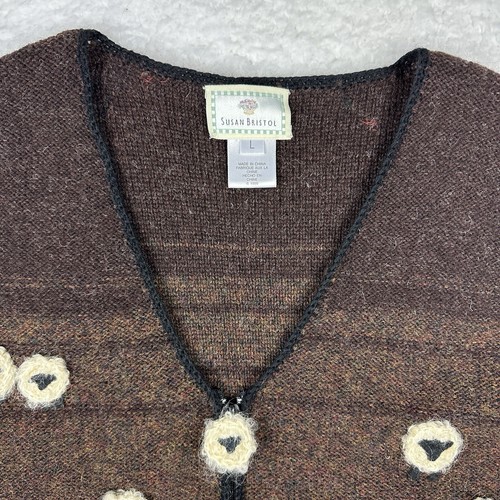VTG 1999 Susan Bristol Sheep Sweater Vest Shetland Wool Large Brown Lambs *Holes - Afbeelding 3 van 14