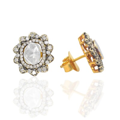 Silver Studs Tops Pair 925 Sterling 18k Micron Gold Plated Natural Diamond Polki