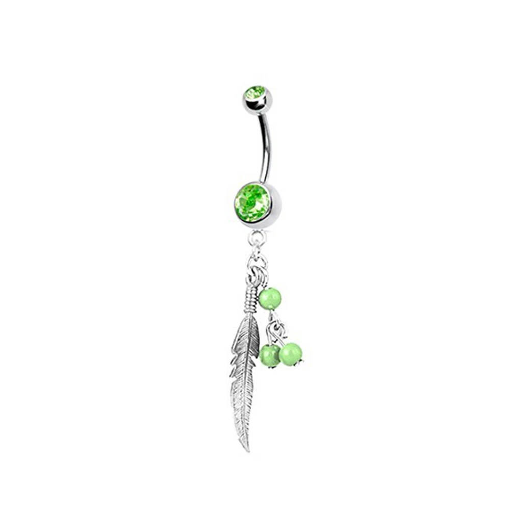 Belly Button Ring Curved Barbell Green CZ Gem Dangling Leaf Ball Charms 14G