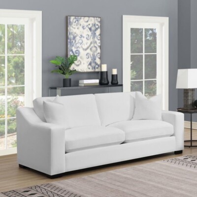 ELEGANT WHITE SLOPE ARM FABRIC SOFA WITH ACCENT PILLOWS LIVING ROOM FURNITURE