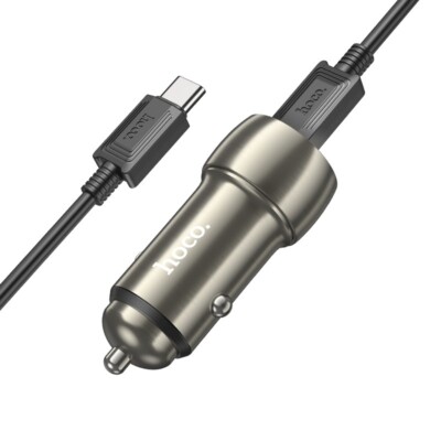 Hoco Z48 40W Dual Port USB-C Metal Car Charger With iPhone Cable - Gray