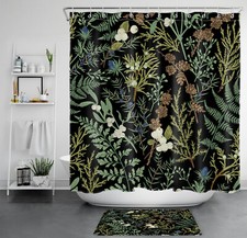 Country Sage Green Leaf Botanical Black Shower Curtain Set for Bathroom Decor