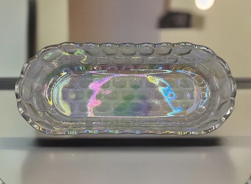 VTG MCM Federal Glass Colonial Iridescent Oblong Bubble Glass Dish 1960's