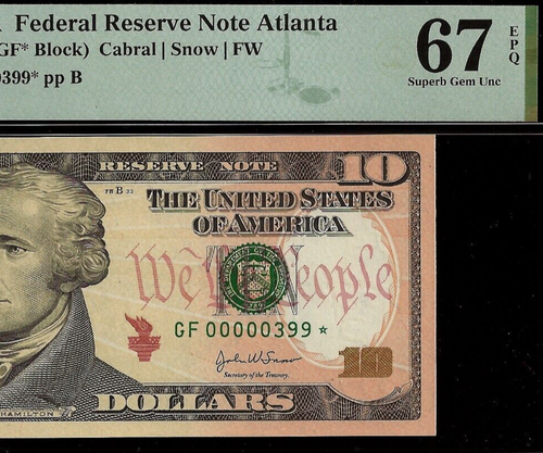 2004A $10 Federal Reserve Note Atlanta PMG 67EPQ 3rd finst low serial Fr 2039-F*