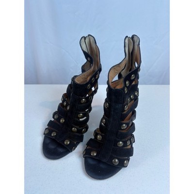 Vero Cuoio Black Suede Studded Gladiator Cage Stiletto Sandals Rear Zip Size 37