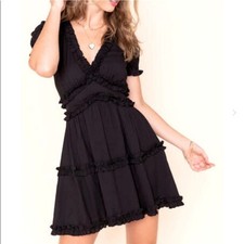Mi Ami Little Black Dress Womens Small Ruffled Tiered Mini Puff Sleeves Boho