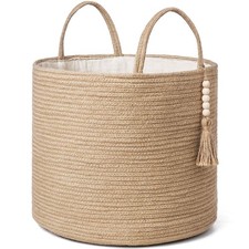 Mkono Woven Storage Basket Decorative Natural Rope Basket Wooden Bead Decorat...