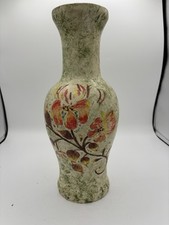 Vintage Mid Century Art Pottery Vase Italy White Orange Floral Lava Glaze MCM