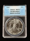 1987 $1 American Silver Eagle ANACS MS70 Item #850