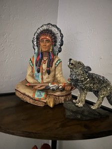 Two Hand Painted Sculptures, Native American With Peace Pipe And Wolf ￼