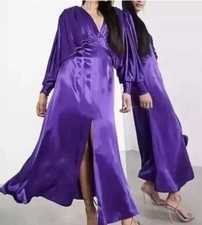 ASOS EDITION Purple Satin Drape Long Bat Sleeve V Neck Open Back Slit Midi 12