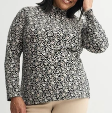 Croft & Barrow Size 3X Black Beige floral print mock neck top, long sleeve, NWT