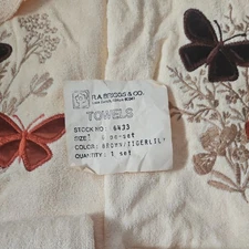 Complete set of Unused Briggs and Co Vtg Towels, embroidered Satin butterflies 