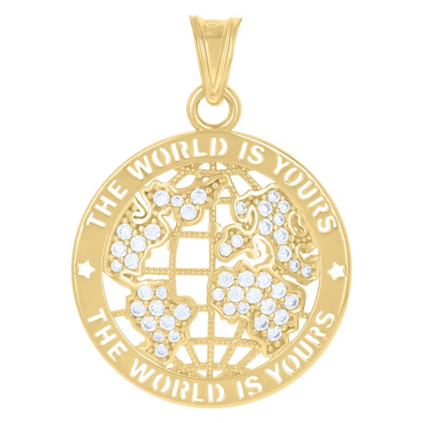 "10K Gelbgold Rund Cz Herren 1.25 \" Medaillon Welt Is Yours Karte Globus AnhäNger"-image