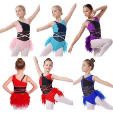Girls Dancewear Competitions Bodysuit Feather Leotard Latin Ballroom Skirted