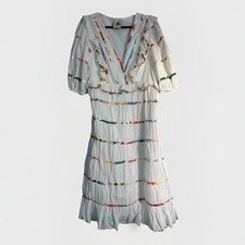 Farm Rio Large Ruffle White Dress With Colorful Trim And Long Puff Sleeve