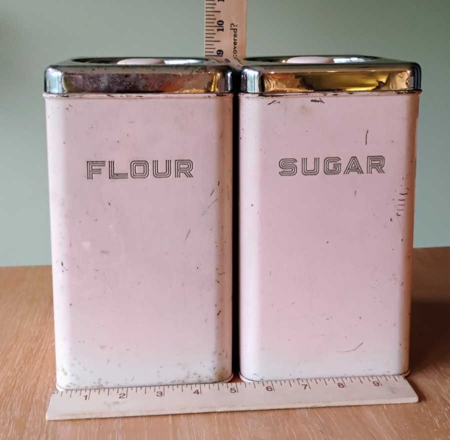 Vintage Lincoln Beautyware Metal Pale Pink & Chrome Canisters Set