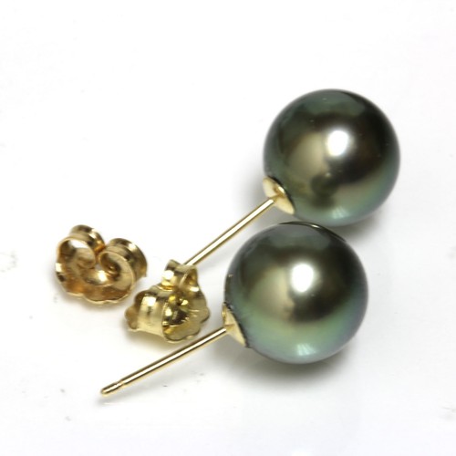 Orecchini a perno perle di Tahiti 9 mm verde 14 kt perfetti - Foto 2 di 3