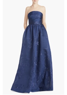 ML Monique Lhuiller Dress 8 Blue Strapless Jacquard $695 Nordstrom Long Gown
