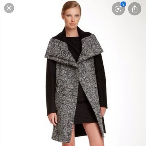 DVF Diane Von Furstenburg Tweed Grey Wool Blend Long Coat Size 8 Asymmetric Zip - Picture 2 of 8
