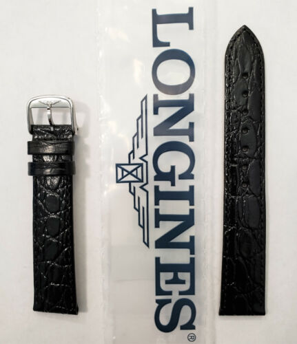 Original Longines 18mm L682100662 Black Leather Watch Band Strap w Silver Buckle - Afbeelding 1 van 3