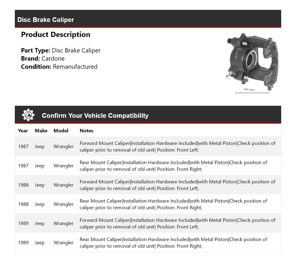 For 1987-1989 Jeep Wrangler Disc Brake Caliper Cardone 1988 - Image 2 of 4